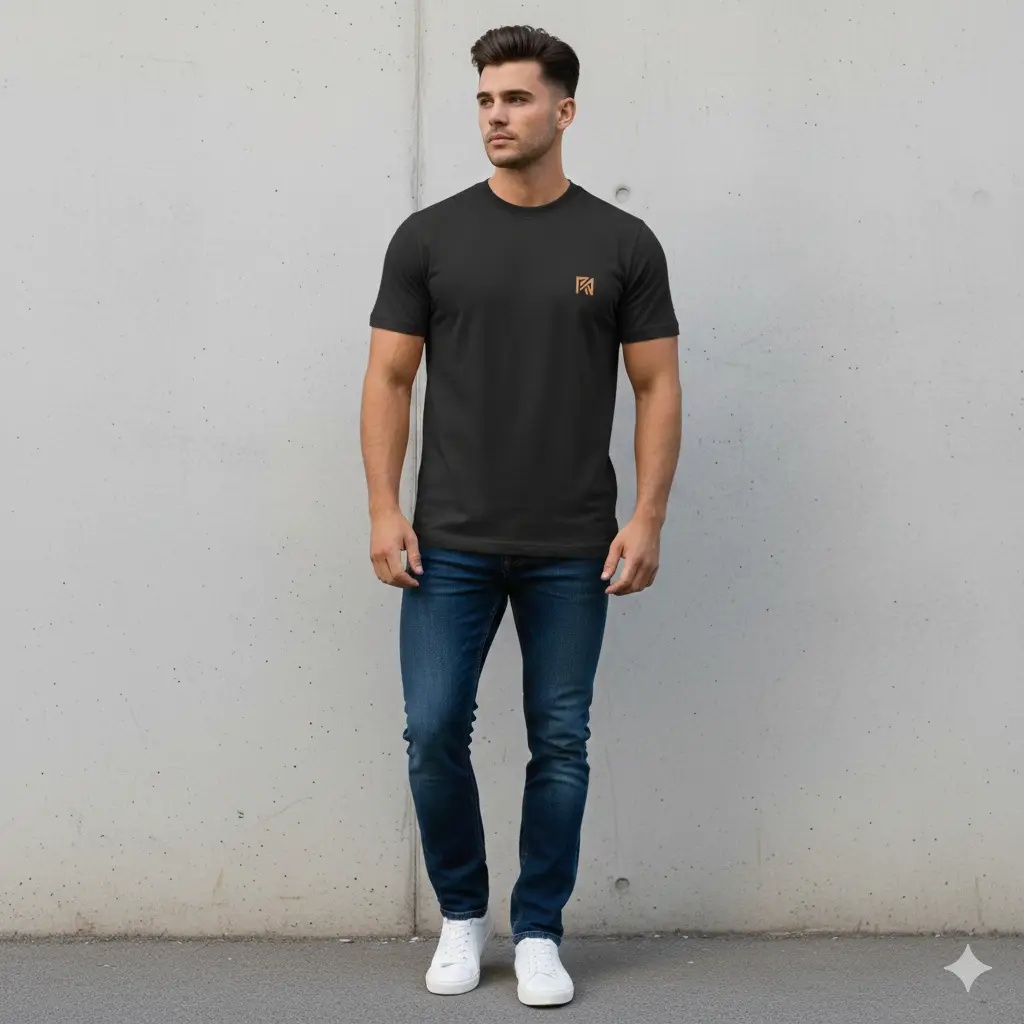 Royal Signature Series: Premium Black Crew Neck Tee with Gold Emblem