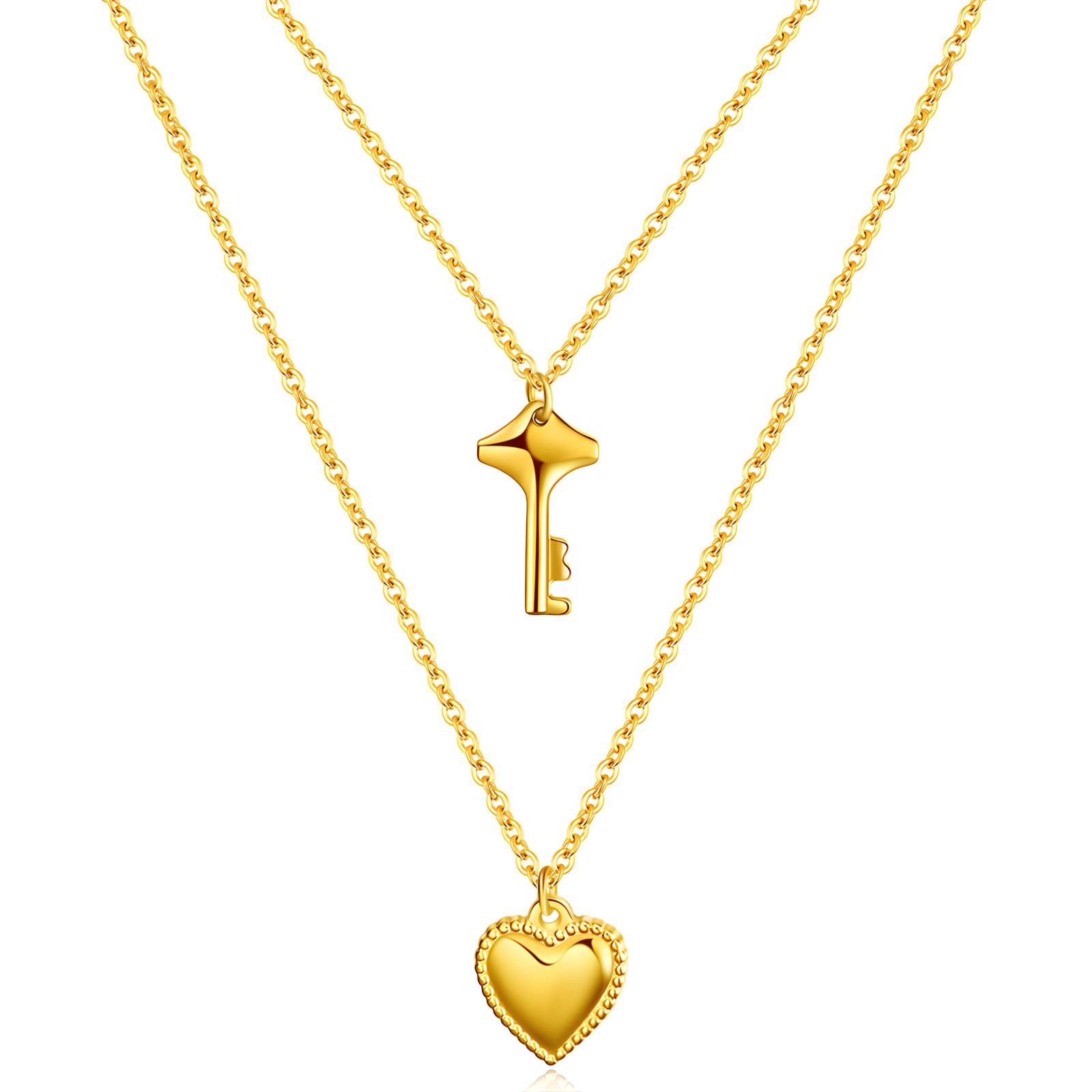"Heart and Key" Necklace, 18K Gold Plated Steel