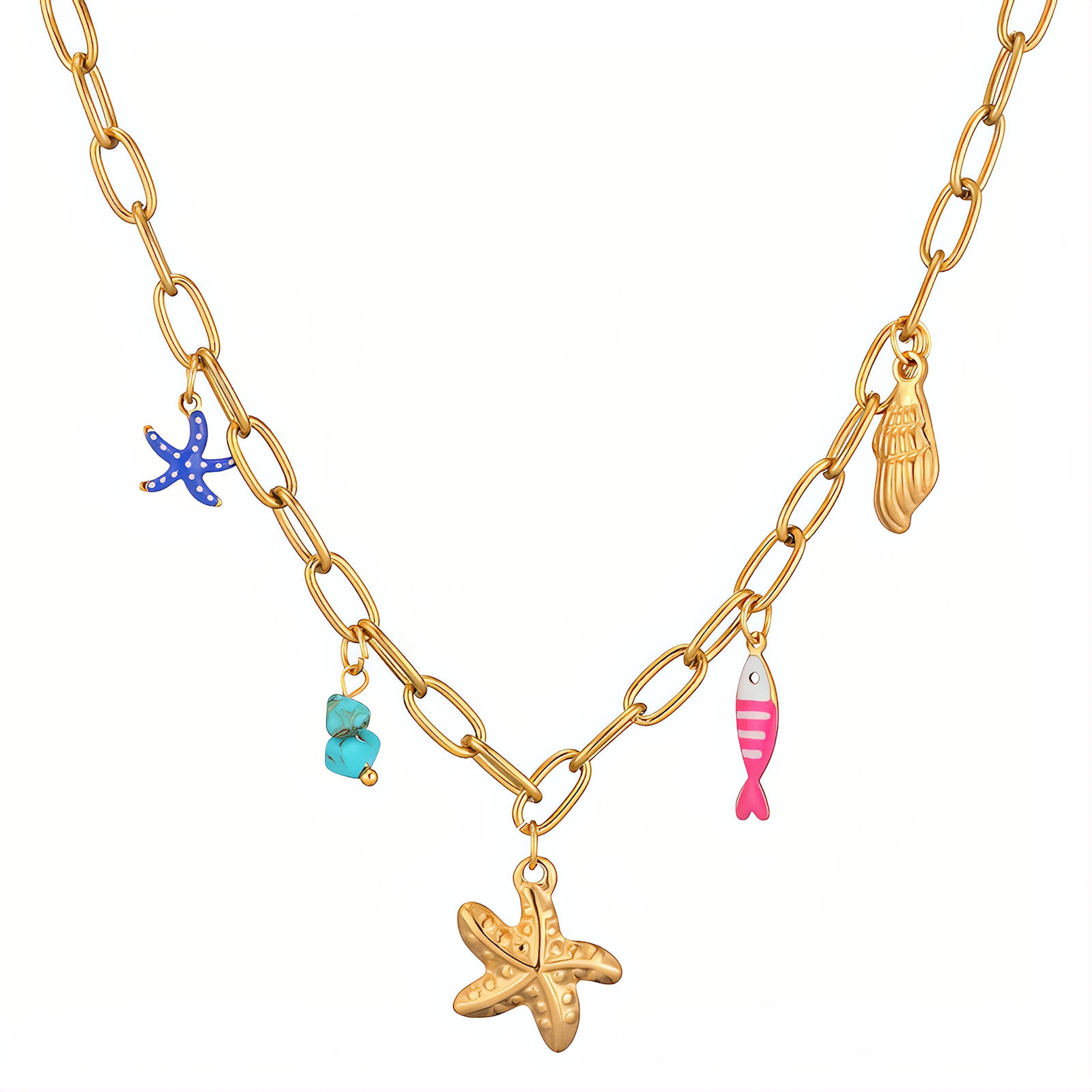 "Starfish and Seashell" Necklace, 18K Gold Plated Steel